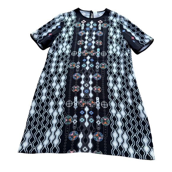 Peter Pilotto Size 8 Black Geometric Silk Short Sleeve Mini Shift Dress - Picture 1 of 16